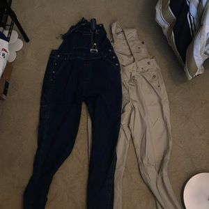 2 overalls tan and blue